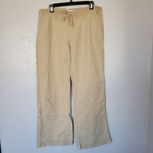 Roxy Large Tan Beige Khaki Linen Pants Lightweight Stretch Waist Casual Pockets